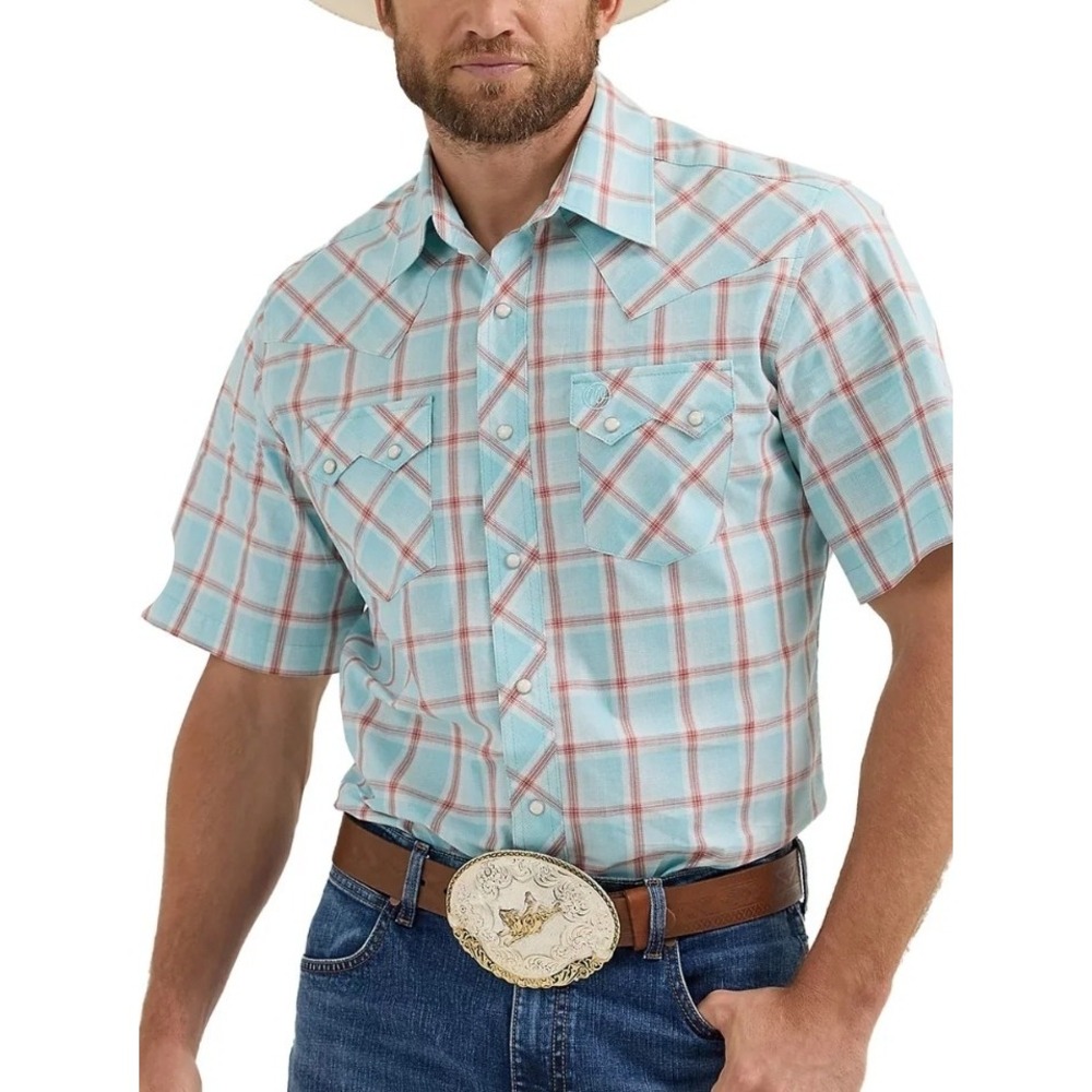 Wrangler Men's Retro Icy Blue Plaid Short Sleeve Snap Button Cotton New With Tag